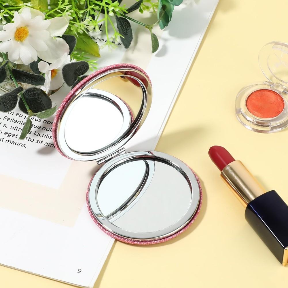 Cosmetic Compact Mirror Folding Glitter Round Mini Makeup Mirror Portable Bli...