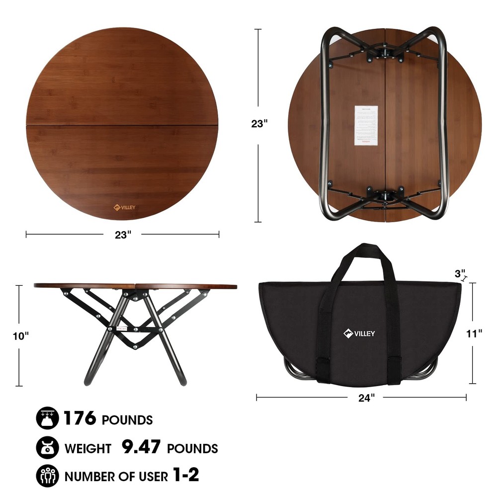 Bamboo Round Folding Table, Camping Half-fold Portable Table with Carrying Ba...