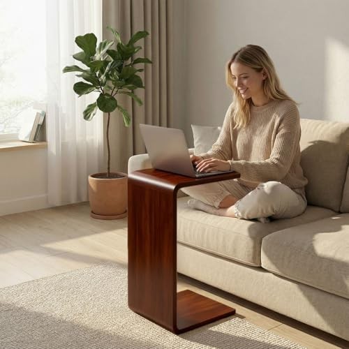 C Shaped End Table for Couch - Wooden Sofa Side Table, Slide Under Walnut