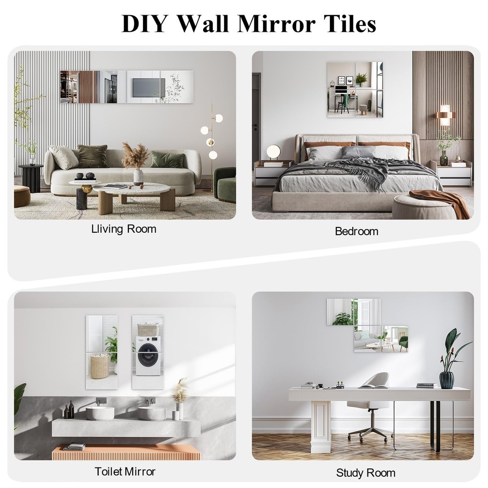Acrylic Wall Mirror, 4 Pack, 12x12 Inch, Frameless, Modern, Rectangular, Shatter