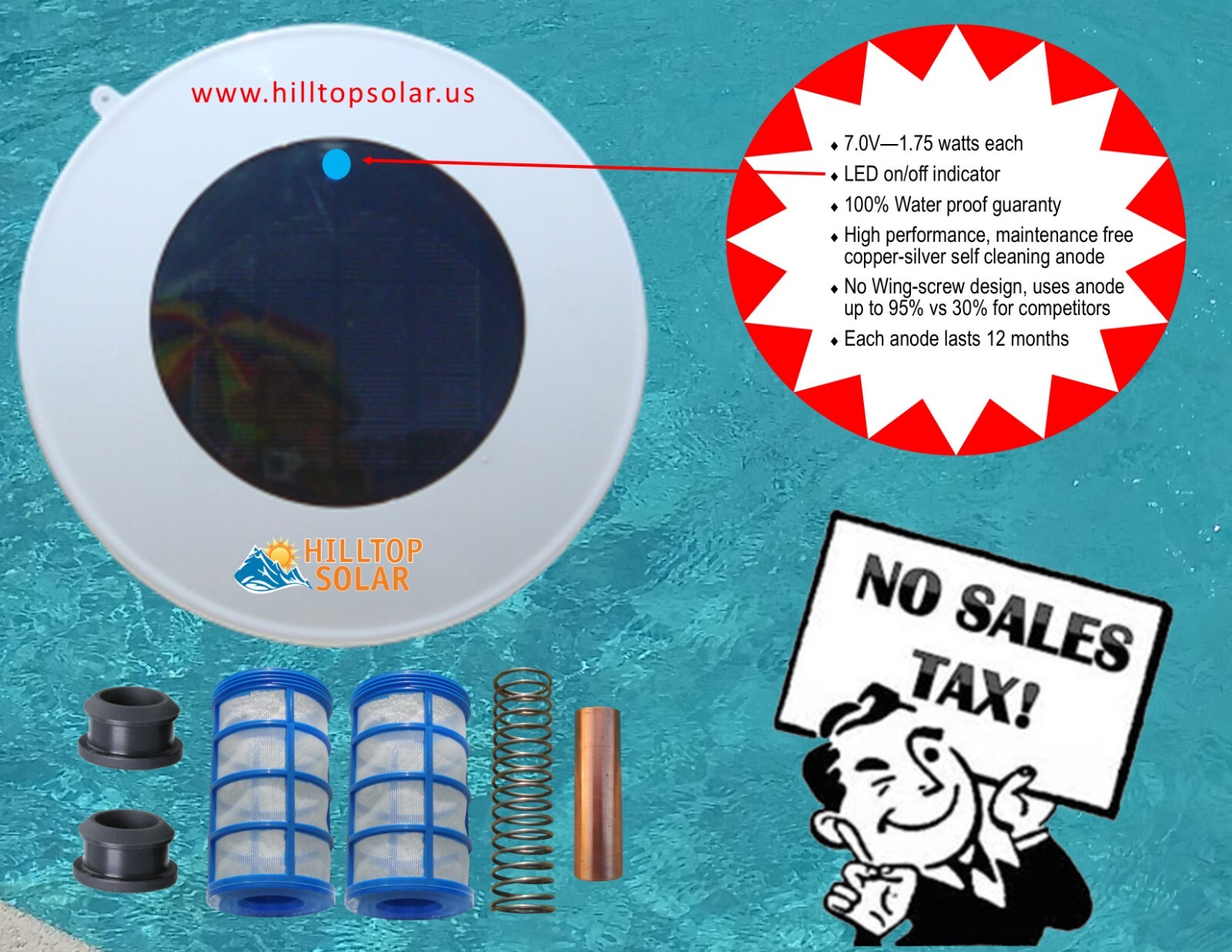 Solar Pool Ionizer | Self cleaning anode | 100% water proof | 7.0V - 1.75 watts