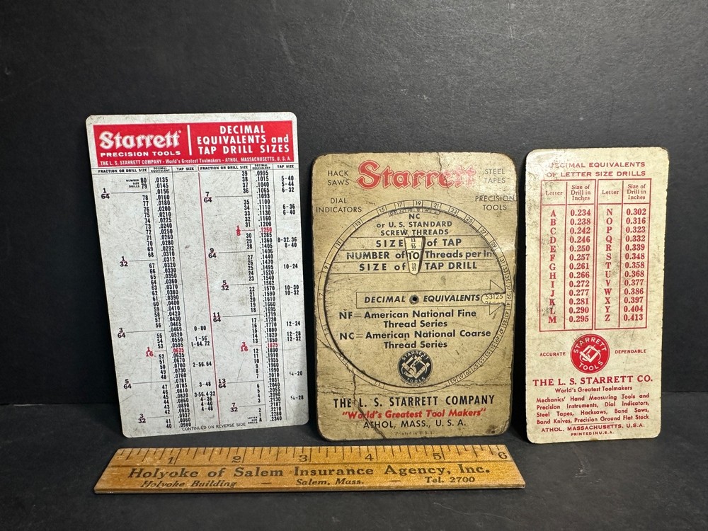 3 Vintage Starrett Screw Threads & Tap Drill Sizes Reference Cards