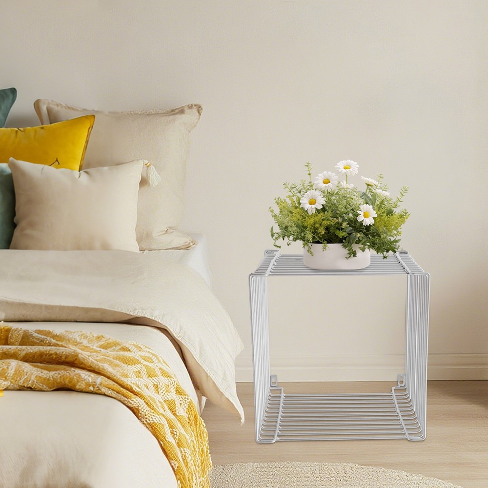 2025 Style Side Table Square Geometry Side Table Linear Metal End Table Silver