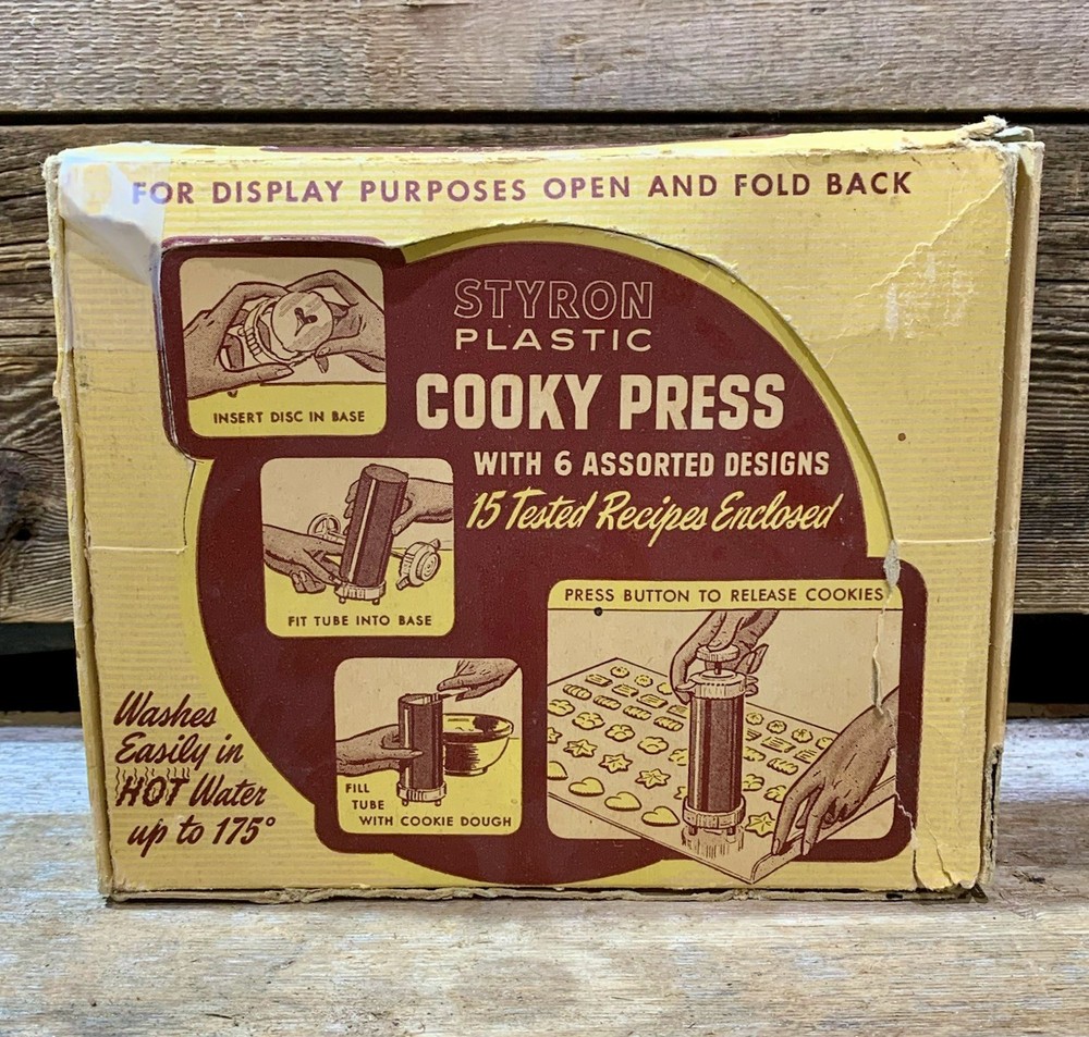 1950s-60s Styron Plastic, Cooky Press, 6 Assorted Designs, In Box