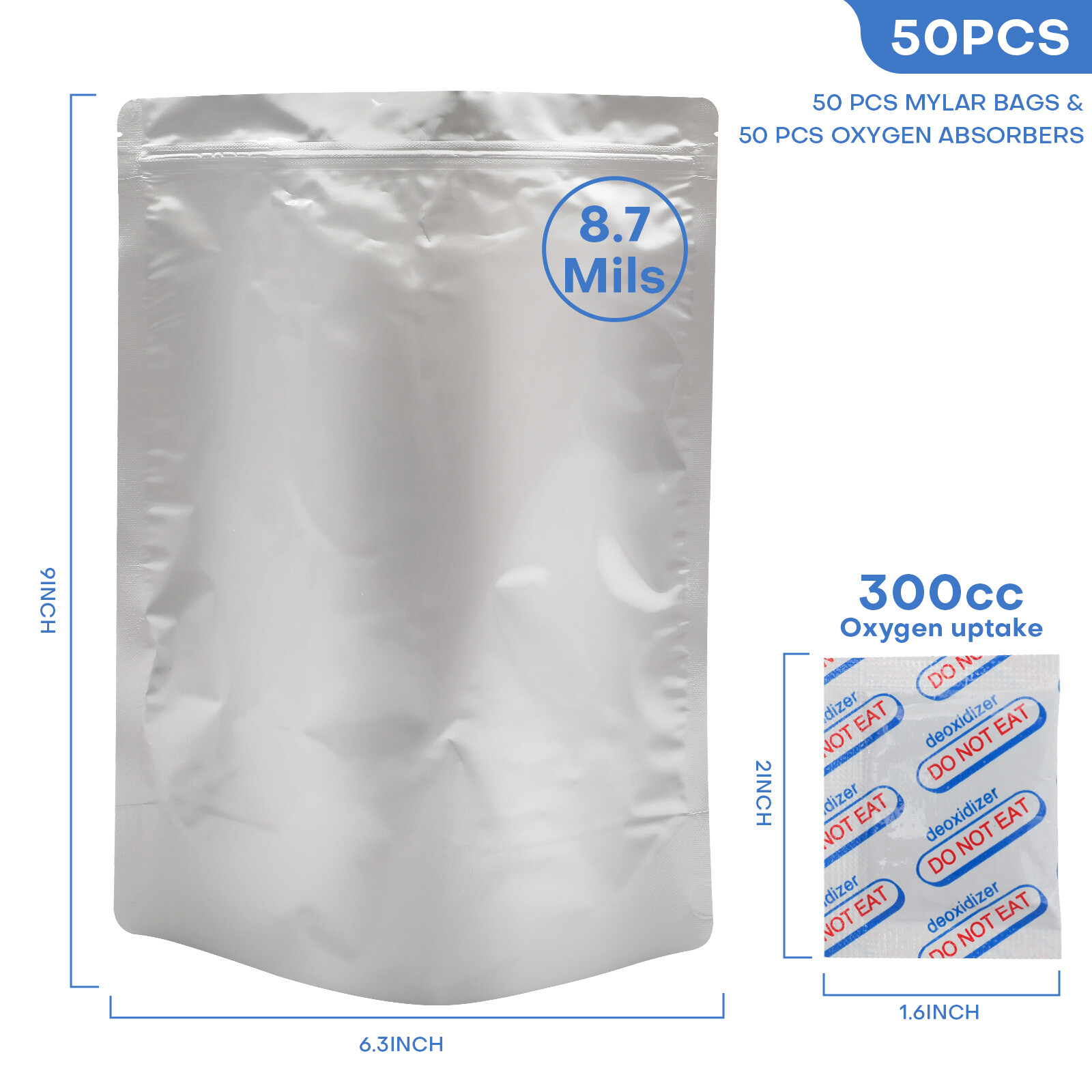 50/100pcs Mylar Bags 8.7Mil w/ Oxygen Absorbers Stand-Up Resealable Food Storage