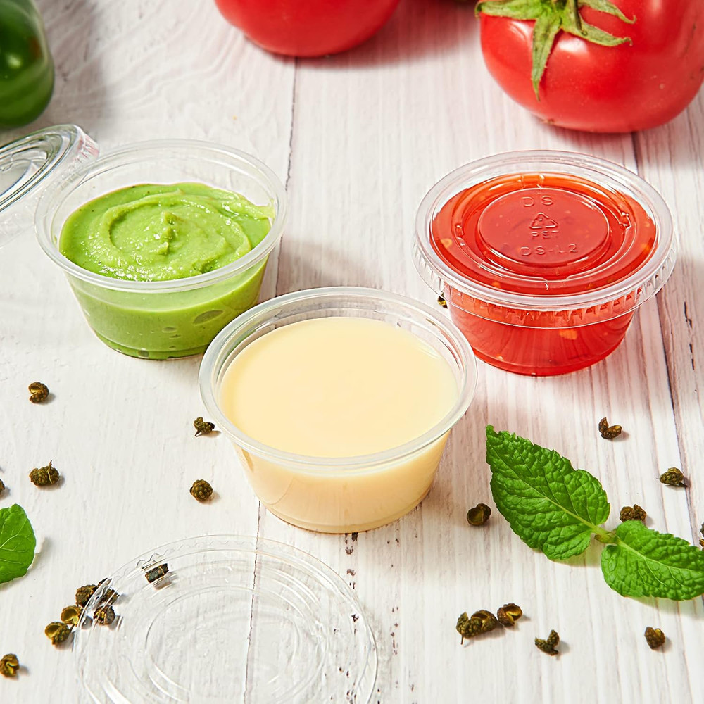 200 Sets 2 Oz Disposable Plastic Portion Cups with Lids, Small Plastic Condiment