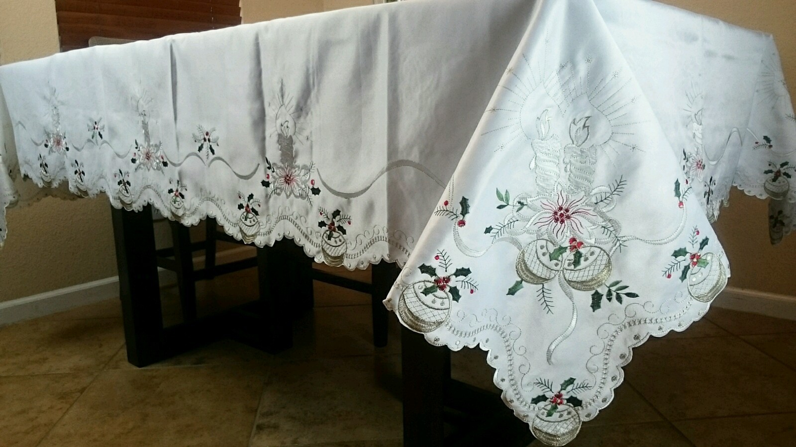 72x144" Embroidery Silver White Candle Ornament Christmas Tablecloth 12 Napkins