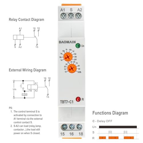 Multi-Function Time Relay, 16A Delay Off SPDT, DIN Rail Mounting 12-240VAC/DC
