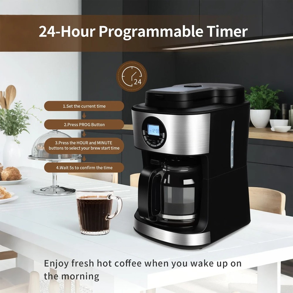 TEGLU Coffee Maker with Grinder 12 Cups,Programmable Grind & Brew Coffee Machine