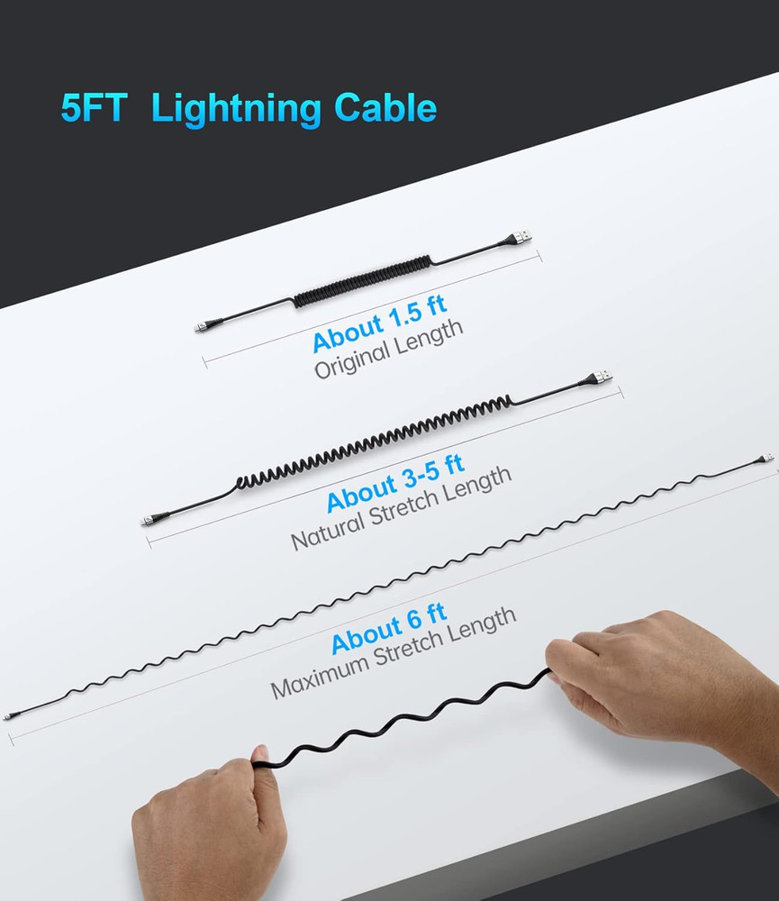 Iphone Charger Cable for Car (3FT/5FT), 2Pack Coiled Lightning Cable, [Apple Mfi