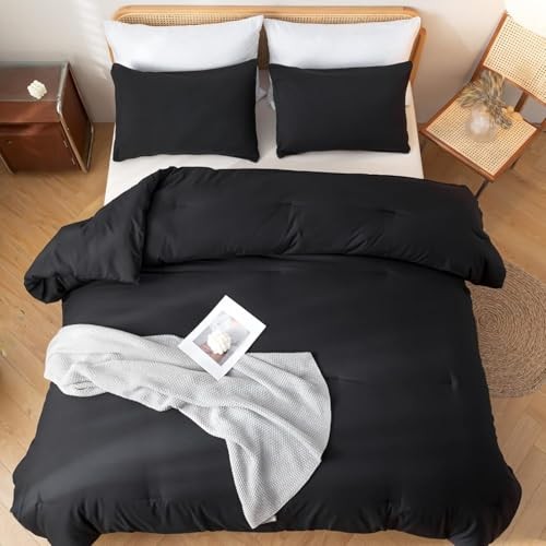 3PCS Black Comforter Set with 2 Pillowcases, Brushed Queen Solid Black