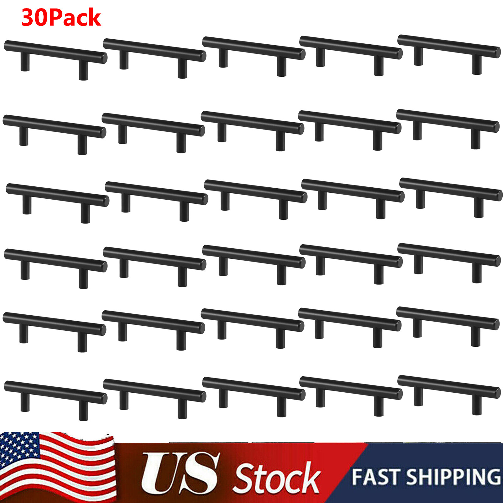 30 Pack Brushed Kitchen Cabinet Pull Stainless Steel Black Drawer T-Bar Handles