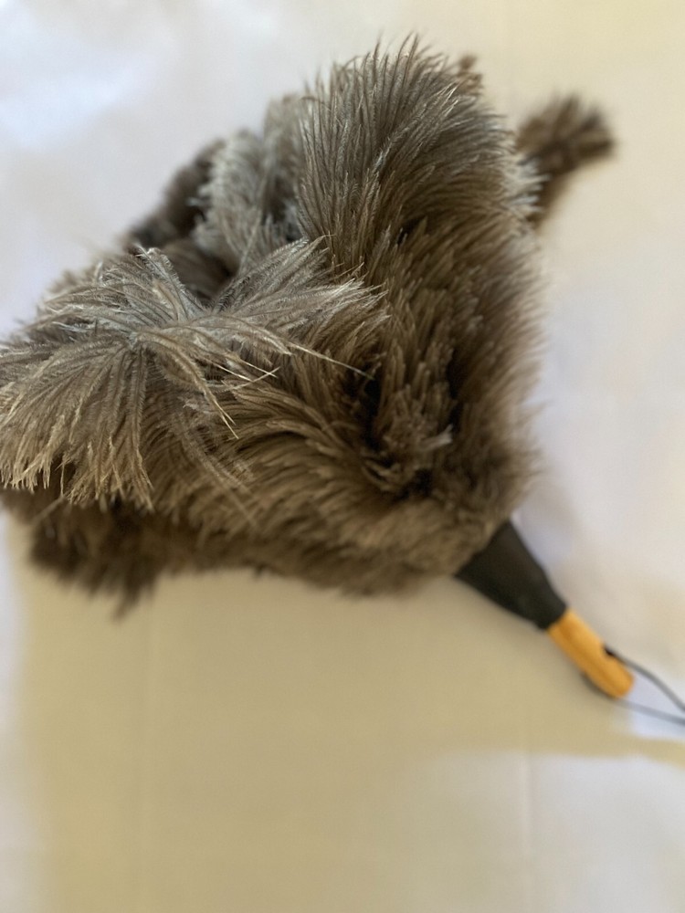 Soft grey first grade ostrich feather duster wood shaped gloss handle 30cm