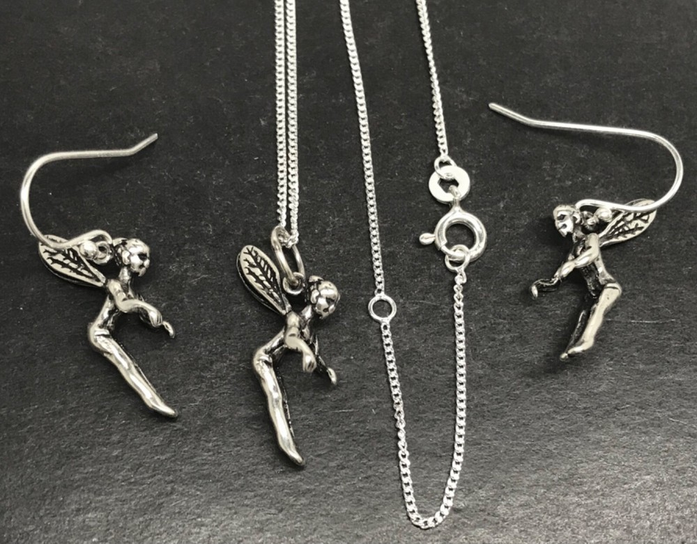 Fairy pendant necklace drop earrings set solid Sterling silver. Gift box