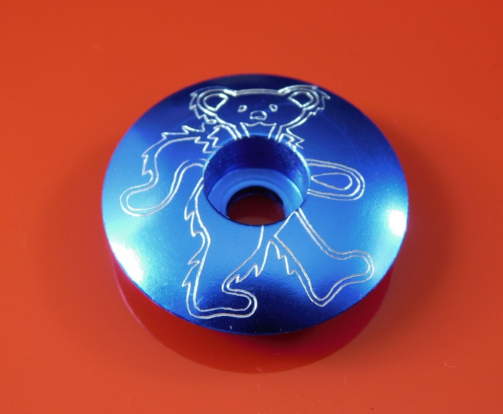 DANCING JERRY BEAR HEADSET STEM TOP CAP 1 1/8" ENGRAVED GRATEFUL DEAD BLUE