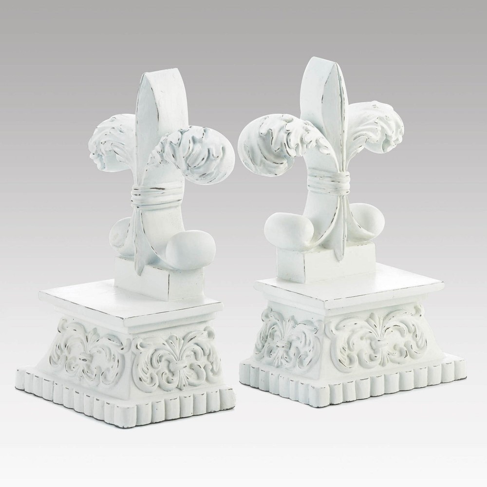 Distressed White Fleur-De-Lis Bookends Home Library Decor