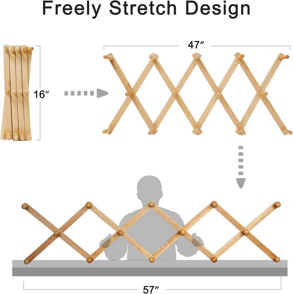 Hat Rack Wall Mount W/ 14 Hooks Solid Wooden Expandable Coat Rack