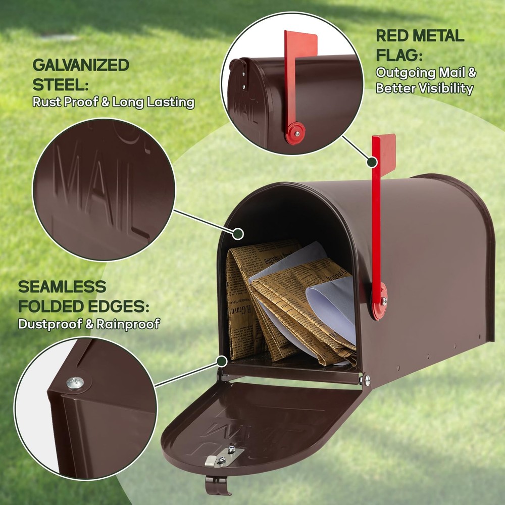 Bronze Metal Mailbox Post Mount, RAINHOL Medium Compacity Standard, Red Brown