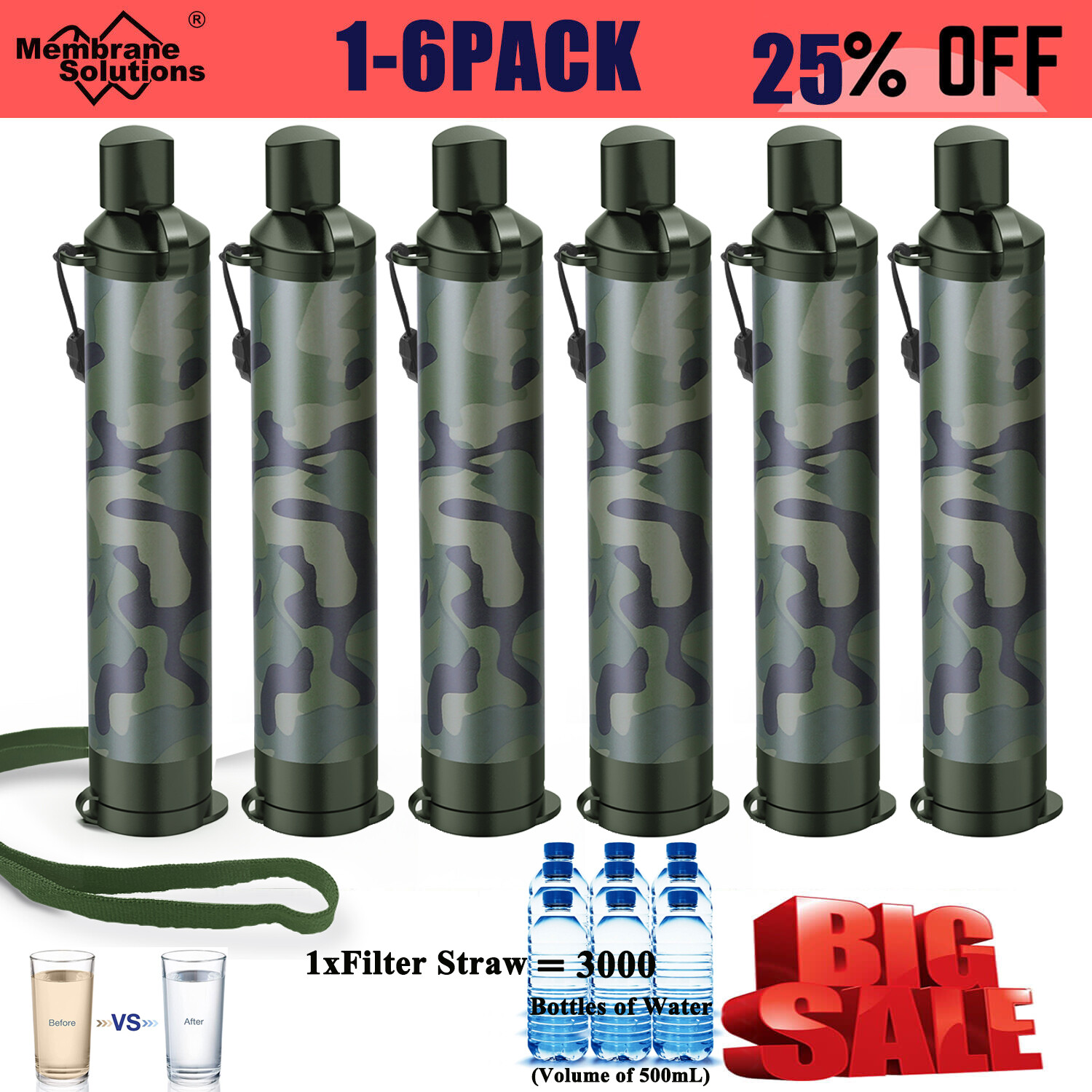 1-6,Camo Water Filter Straw Portable Personal Water Purification Filter Survival