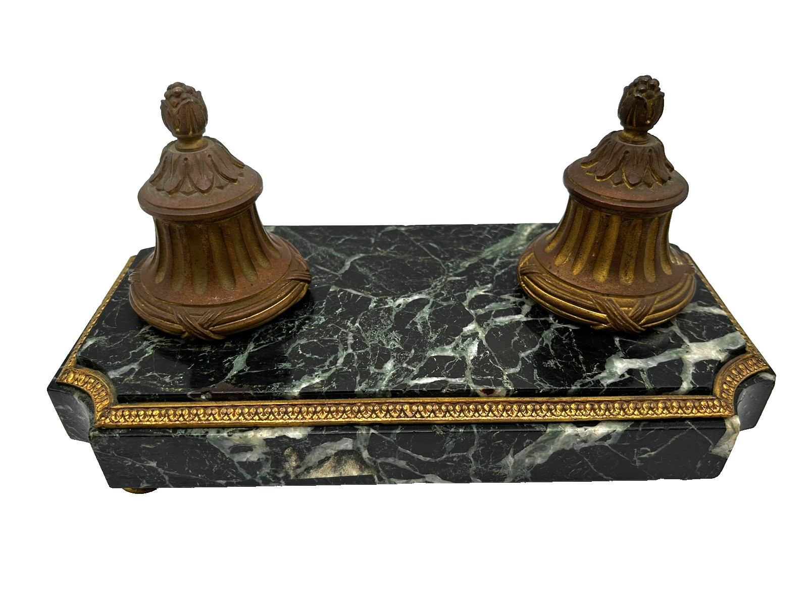 Antique Green Empire Marble and Bronze Inkwell