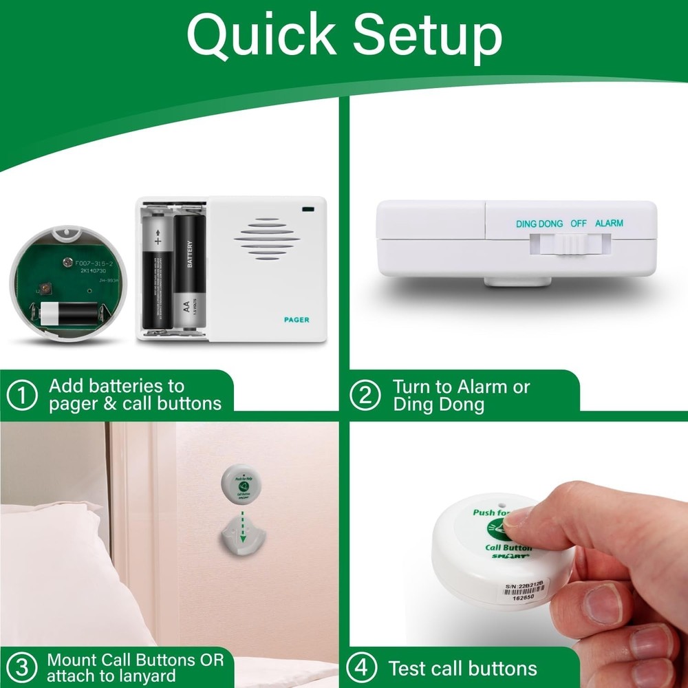 Elderly Fall Prevention Wireless Pager with 300ft Range and 2 Call Buttons