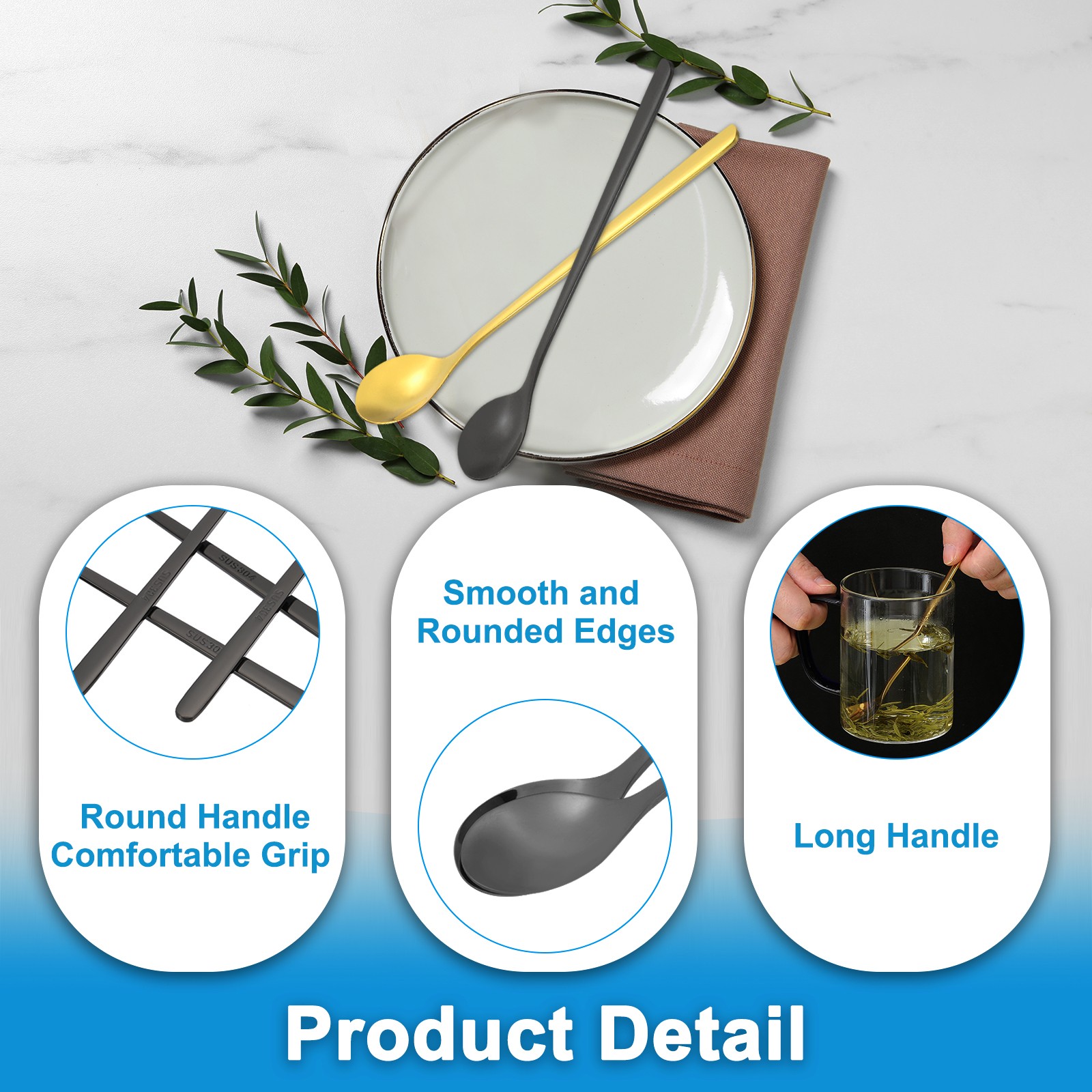 Long Handle Iced Tea Spoon, 4 Pcs 6" Stainless Steel Long Coffee Spoons, Black