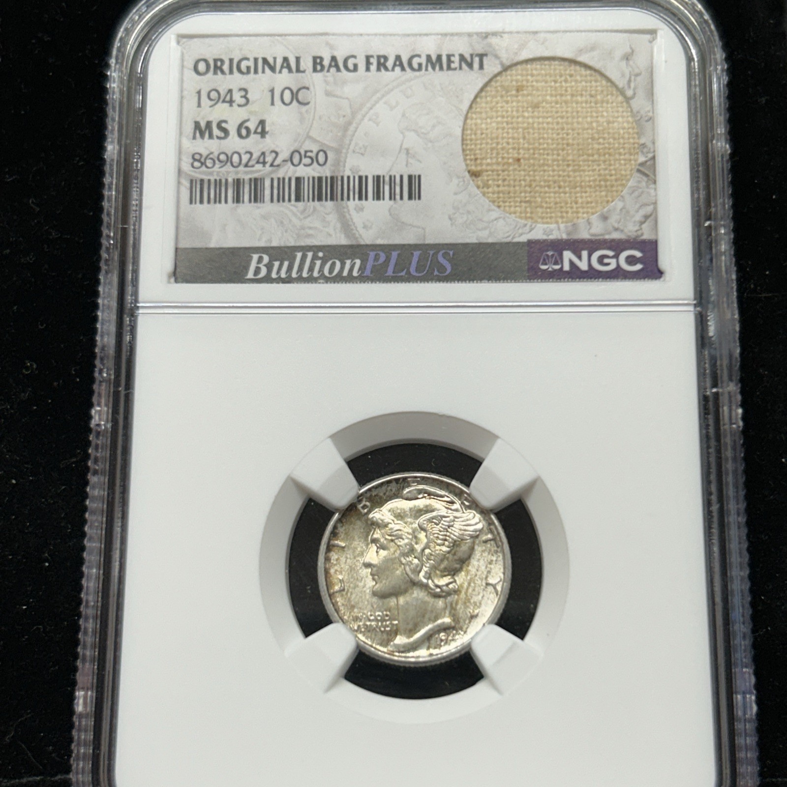 1943-P NGC MS64 10C Mercury Silver Dime Original Bag Fragment with Toning