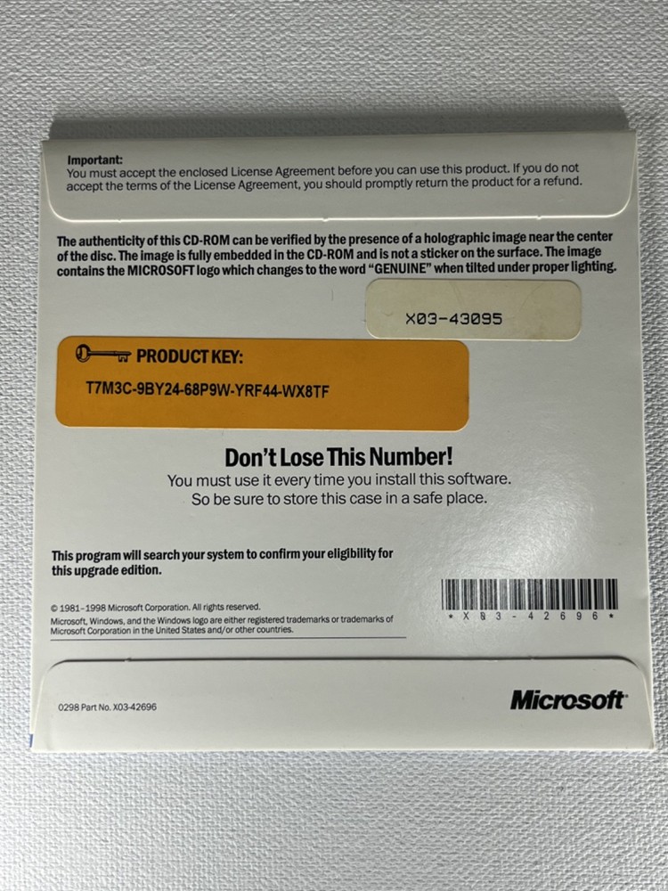 Microsoft Windows 98 Upgrade Big Box: CD, Key Code, Book, Ad inserts