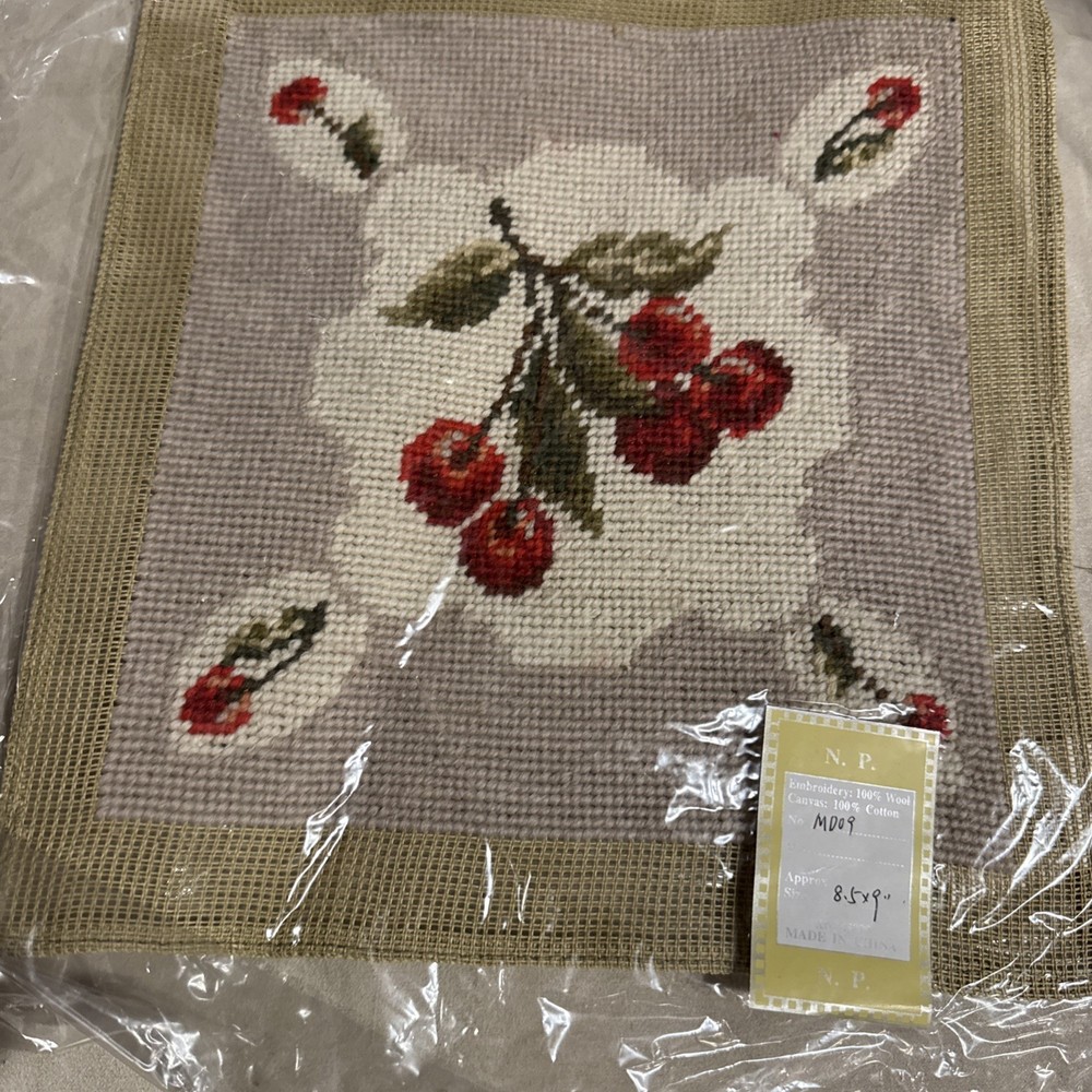 Completed Ivory Cherry Needlepoint Canvas 9" x 8.5"