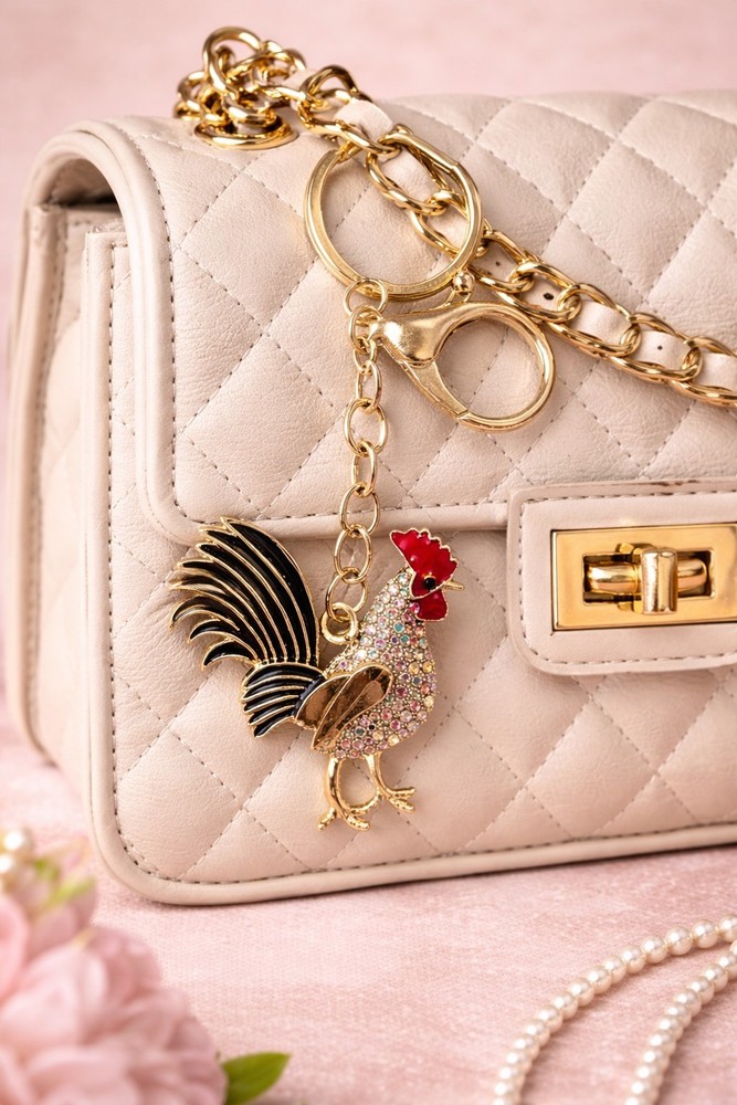 Rhinestone Rooster Keychain Bag Charm Gold Clasp Statement Accessory