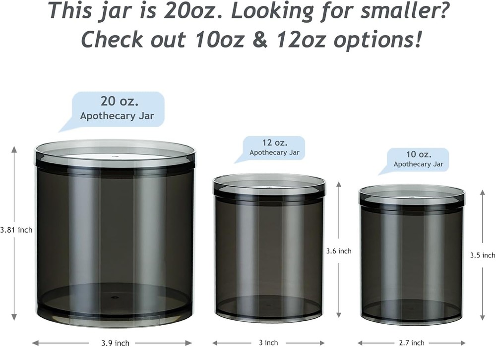 2-Pack Large 20oz Black Stackable Qtip Holder Translucent Apothecary Jars