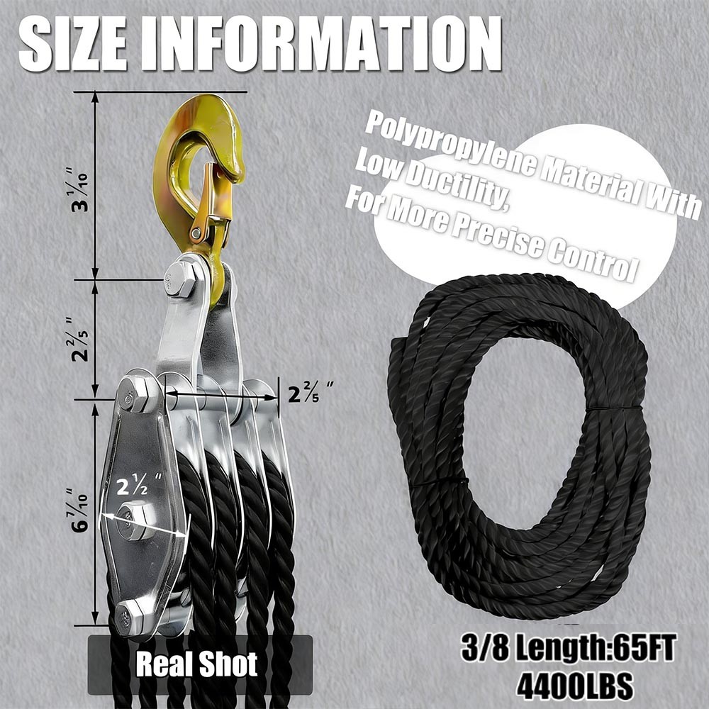 Rope Pulley Hoist 4400 LB, 8:1 Lifting Power Pulley Block and Tackle System NEW
