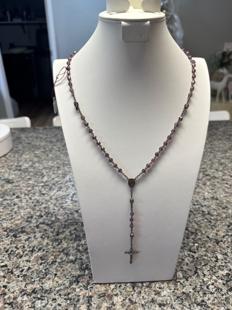 Vintage Glass Amethyst  Bead Rosary Sterling Silver Italy