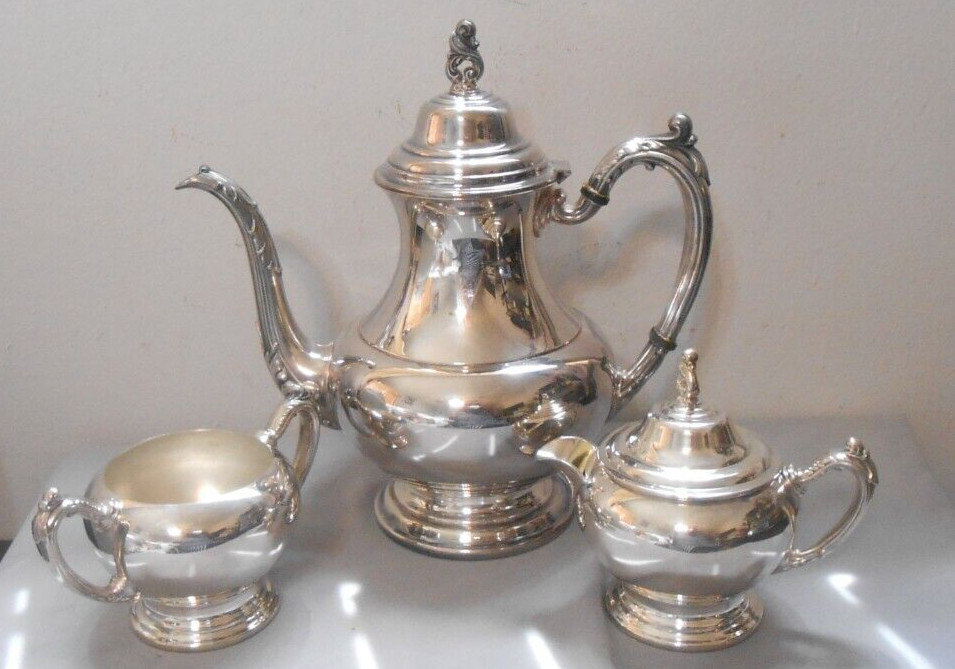 Oneida USA SilverSmith Coffee Tea Pot, Sugar Bowl & Creamer Cup