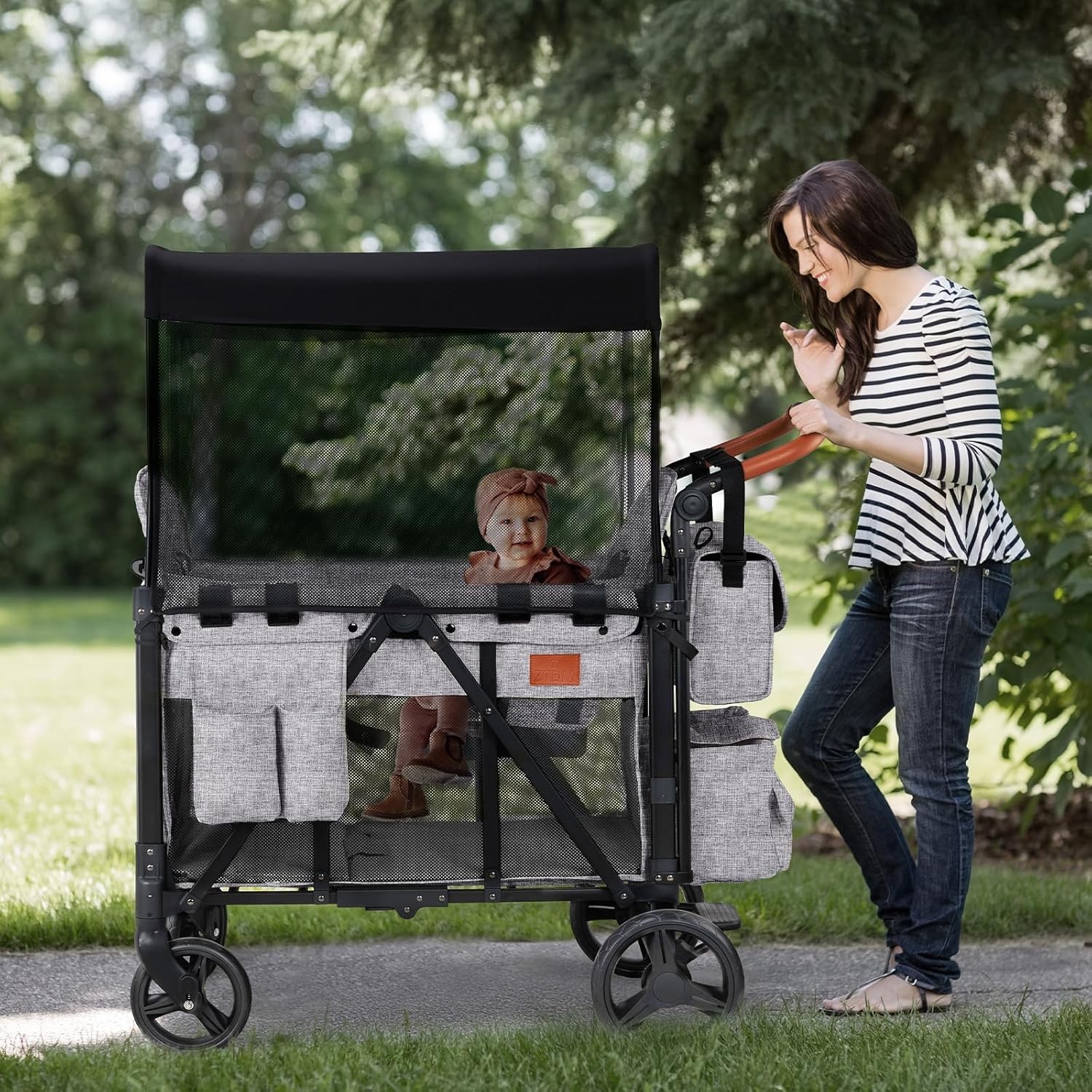 Wagon Stroller for 2 Kids, Foldable All-Terrain Wagon for Toddler with Canopy