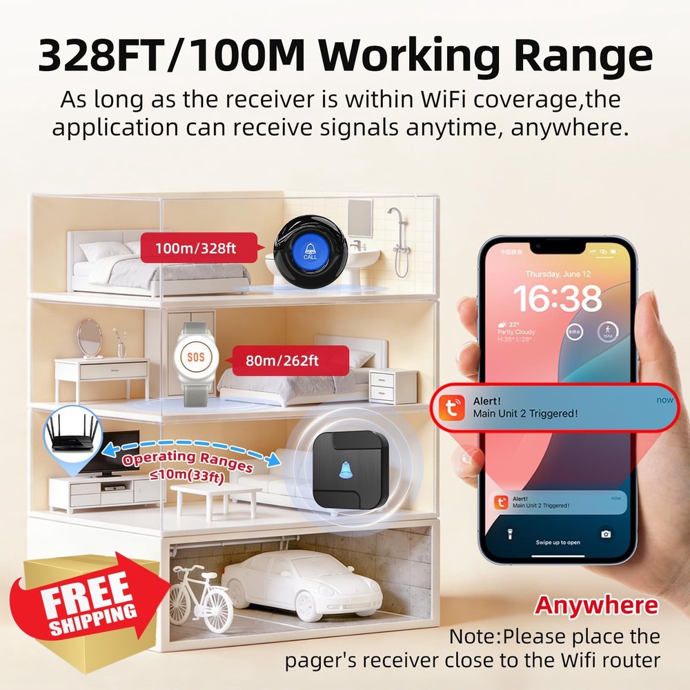 CallToU Wi-Fi Pager for Elderly Fall Alert Home Help System