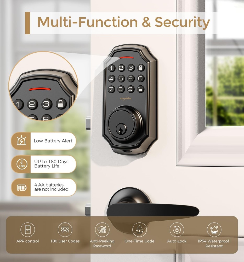 Arpha D180H Keypad Door Lock Handle Smart Bluetooth App Remote Black Matte