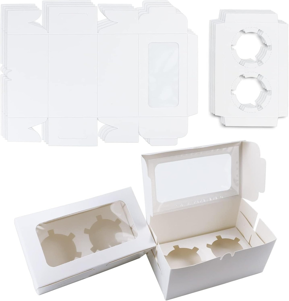 30 Pack White Paper Cupcake Boxes with 2 Cavity Cookie Gift Boxes with Clear Win