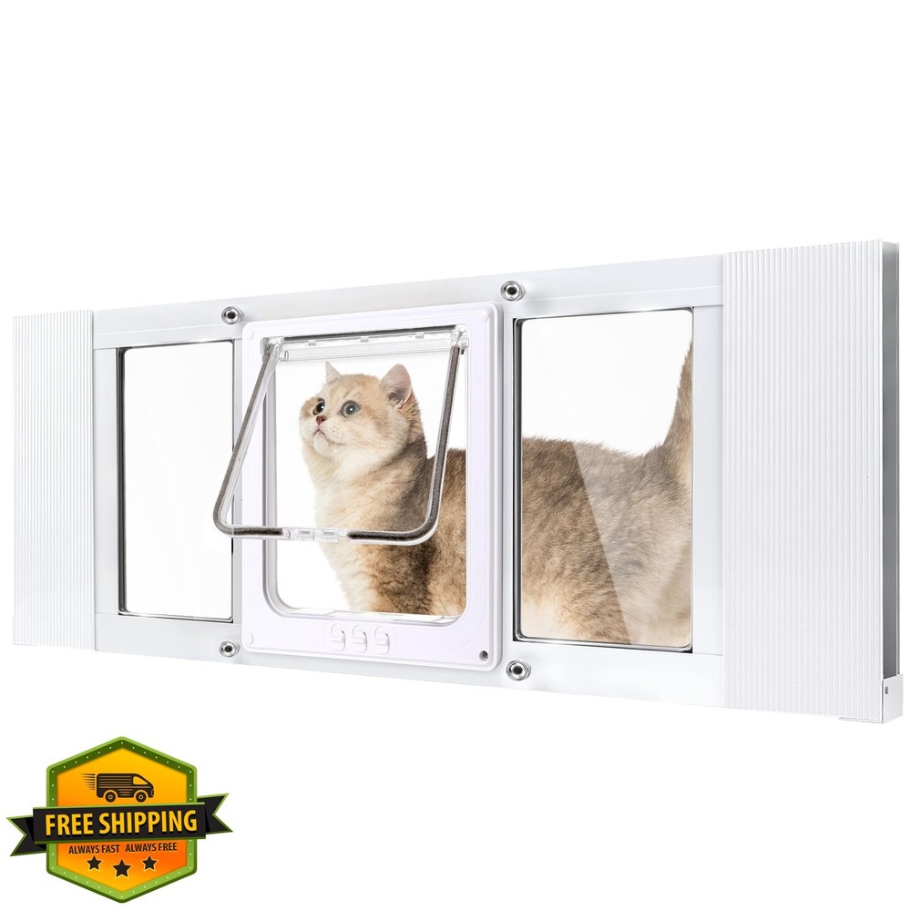 Cat Window Door Insert 35"-41" Width No-Drill Aluminum Frame Pet Door