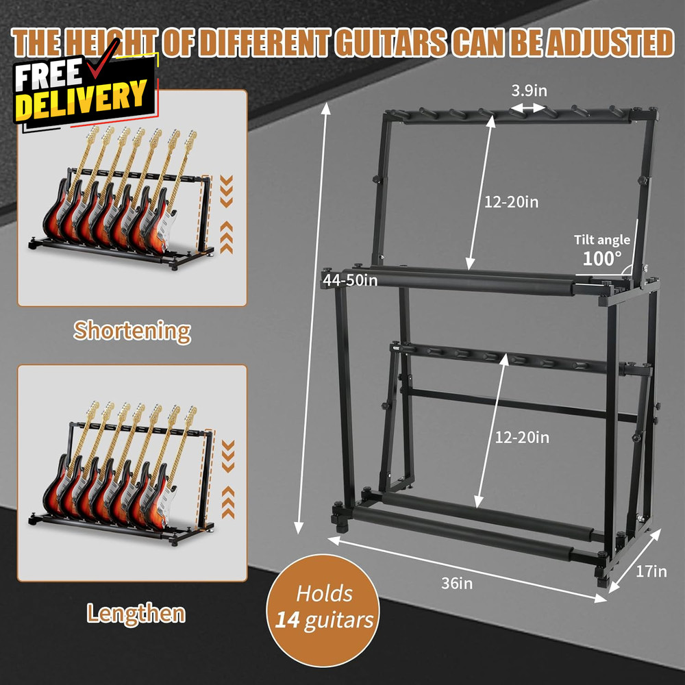 Multi Guitar Stand Folding 14 Standing Floor Multiple Guitars Display Rack Ad..