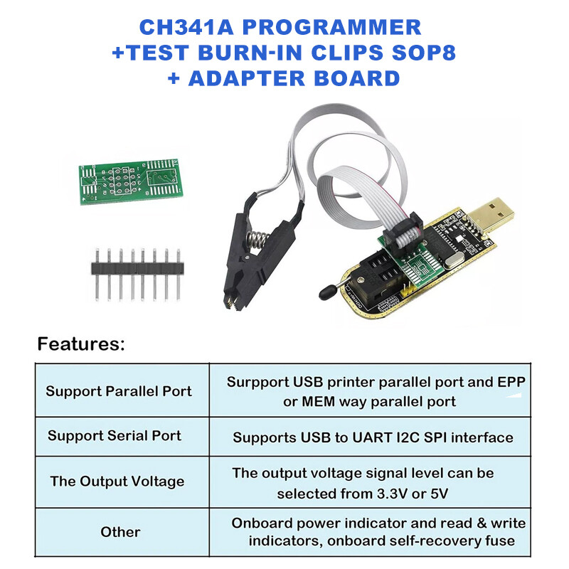 CH341A BIOS USB Programmer Flasher Writer 24 25 Series EEPROM SOP Clip Adapter