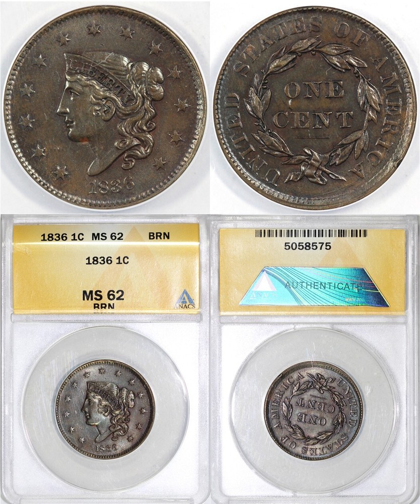 1836 1c Matron Head Large Cent ANACS MS 62 BN