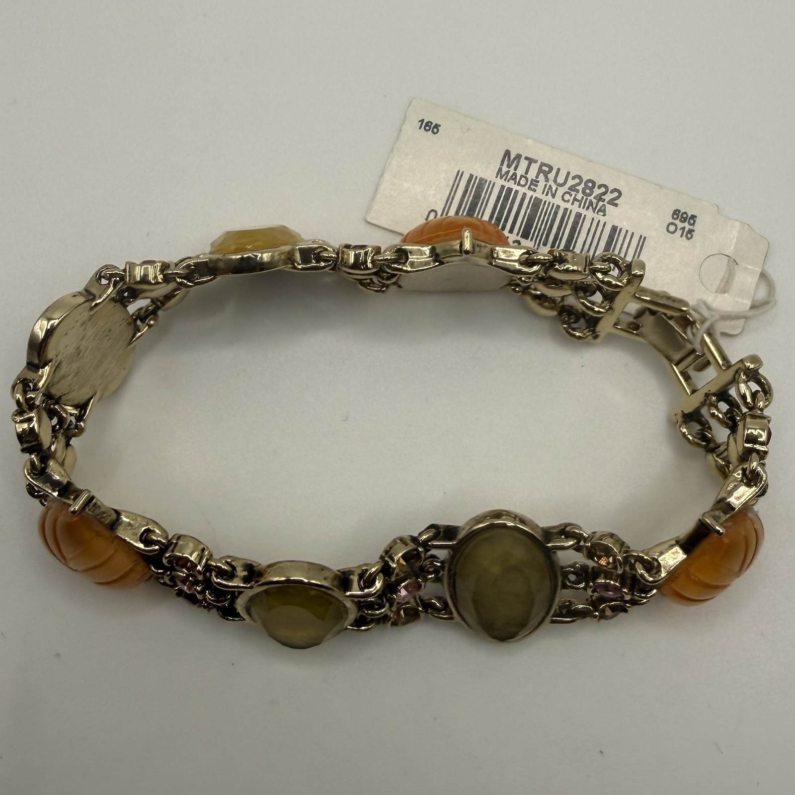 Vintage Trifari Bracelet Rhinestones Carved Acrylic Leaf Cabochons Gold Tone 7”