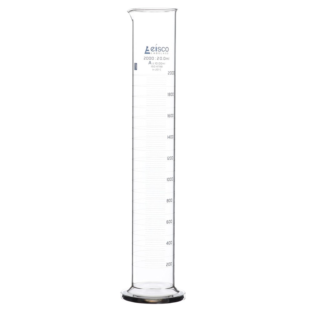 Graduated Cylinder, 2000ml - Class A Tolerance ±10.0ml - Round Base - Blue Gr...