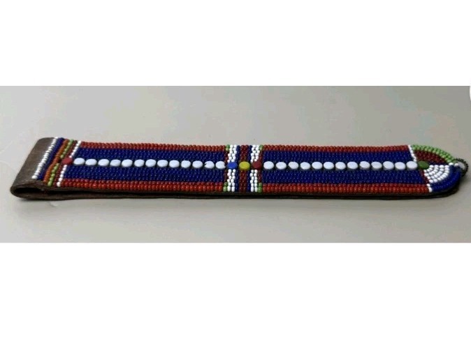 Antique African Maasai Beaded Leather Strap 8" Petina & Handbeading - Decorative