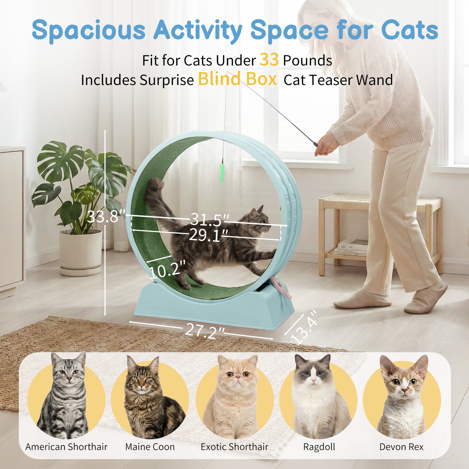 30in Cats Exercise Wheel with Lock Large Light Blue Treadmill Wheel for Indoor