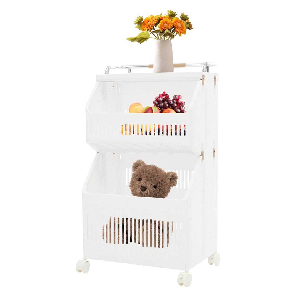 2-tier Clothes Basket Rolling Laundry Basket Collapsible Laundry Hamper Storage