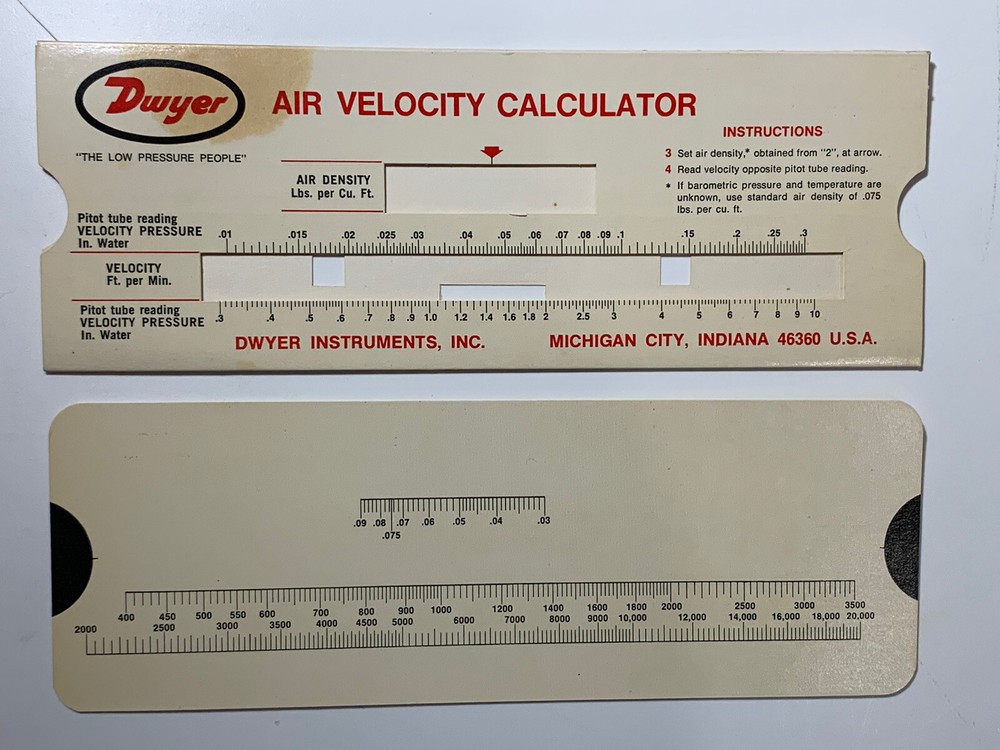 Dwyer Instruments - AIR VELOCITY CALCULATOR Slide Chart 1974