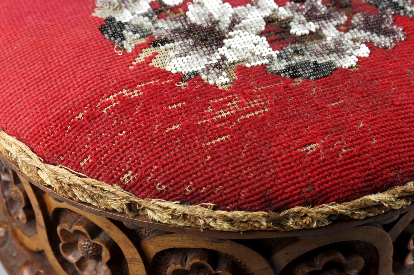 Antique 19th Century Ecclesiastical Gothic Carved Wood Oak Beaded Footstool