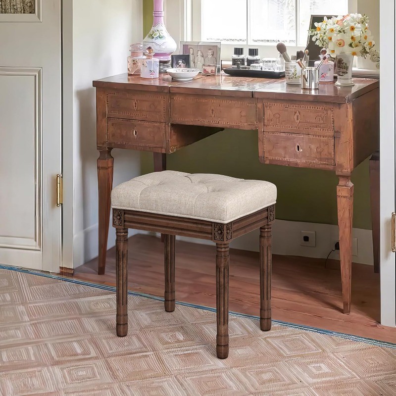 Upholstered Fabric Vanity Bench Seat, Makeup Stools for Vanity, Square Tufted